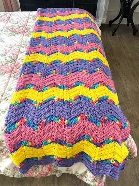Afghan Chevron Ripple Crocheted Pink Purple Yellow Homemade Cottagecore 50x70